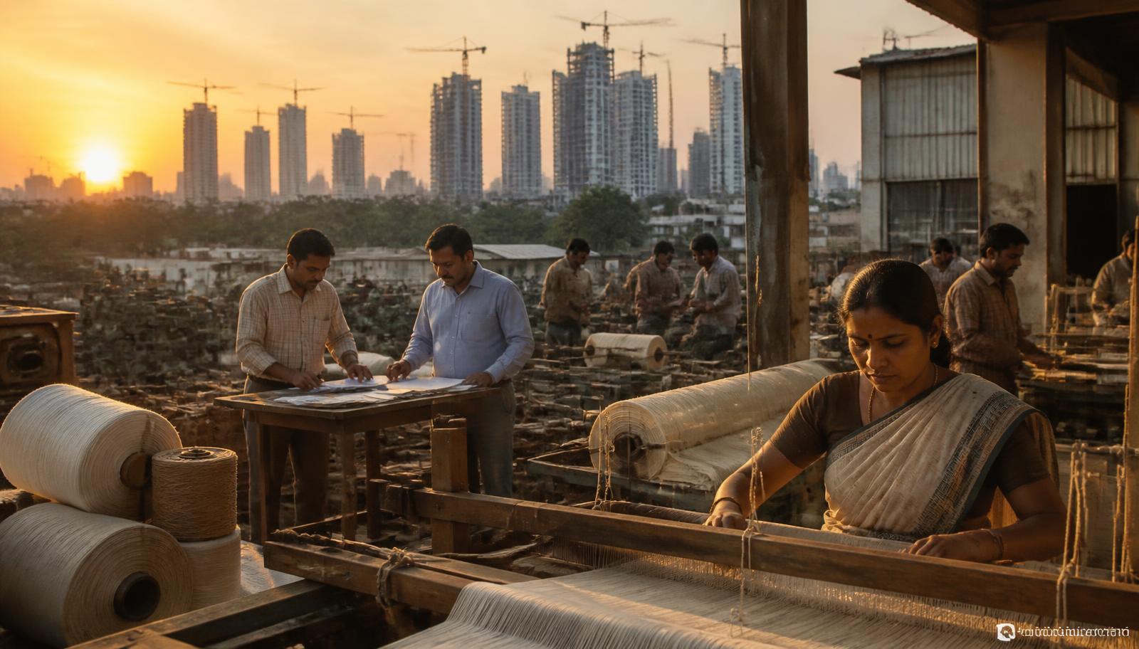 Indian MSME unit and khadi artisan at work with a growing city skyline behind