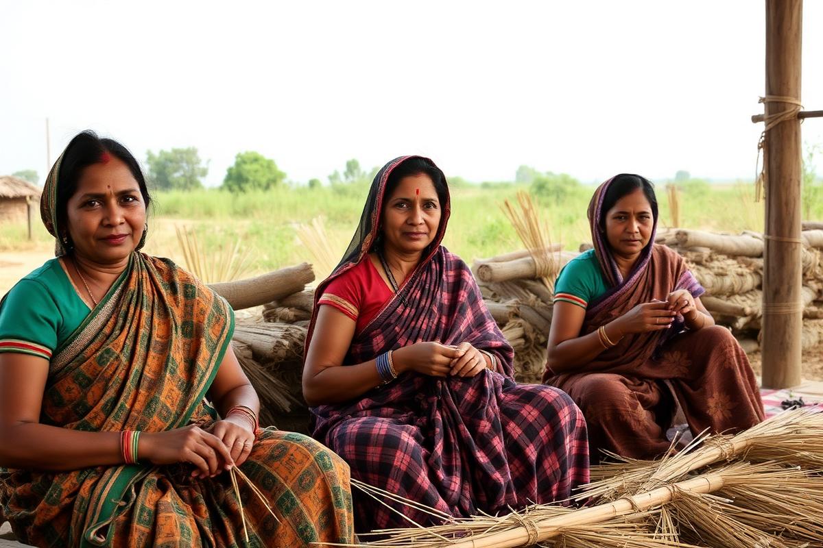 Tribal women artisans working together at a village cooperative